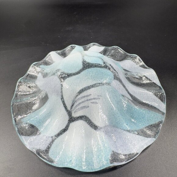 Sydenstricker Bowl Dish Fused Art Glass Ruffled Clear Blue Flowers VTG Signed - Picture 5 of 13